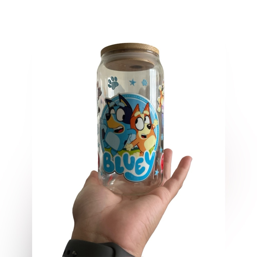 Bluey Glass Cup with Bamboo Lid